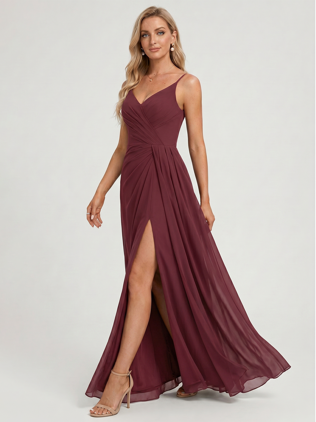 Elegant Cabernet Chiffon A-Line V-Neck Back Zip with Pleated Ankle-Length Bridesmaid Dress