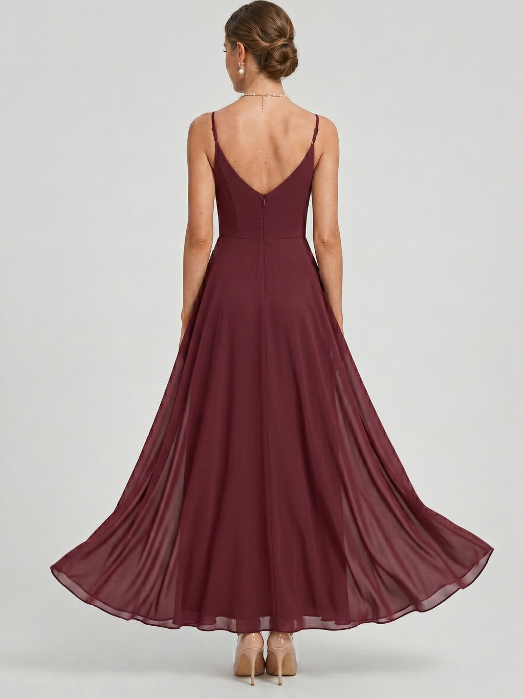 Elegant Cabernet Chiffon A-Line V-Neck Back Zip with Pleated Ankle-Length Bridesmaid Dress