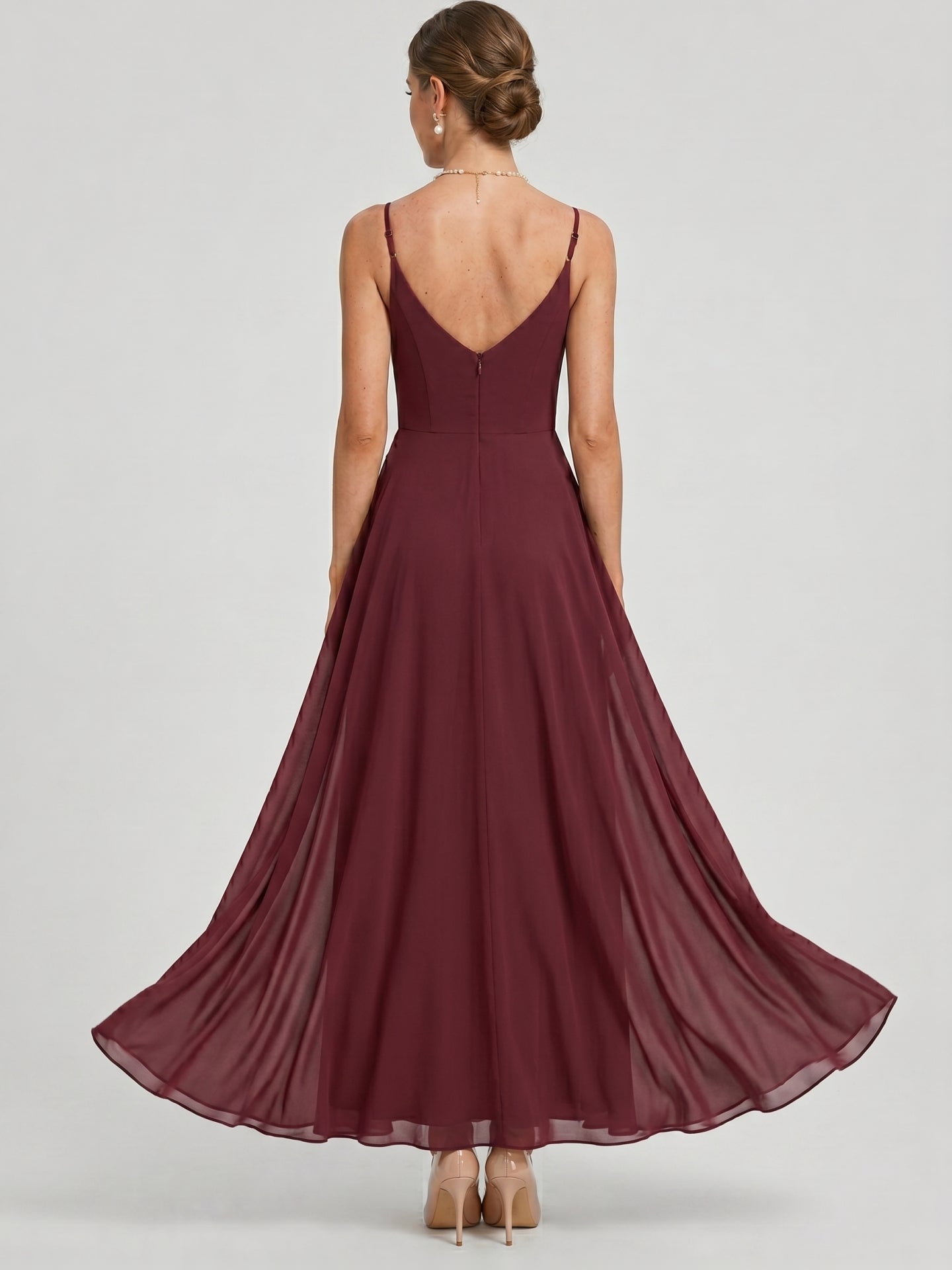 Elegant Cabernet Chiffon A-Line V-Neck Back Zip with Pleated Ankle-Length Bridesmaid Dress