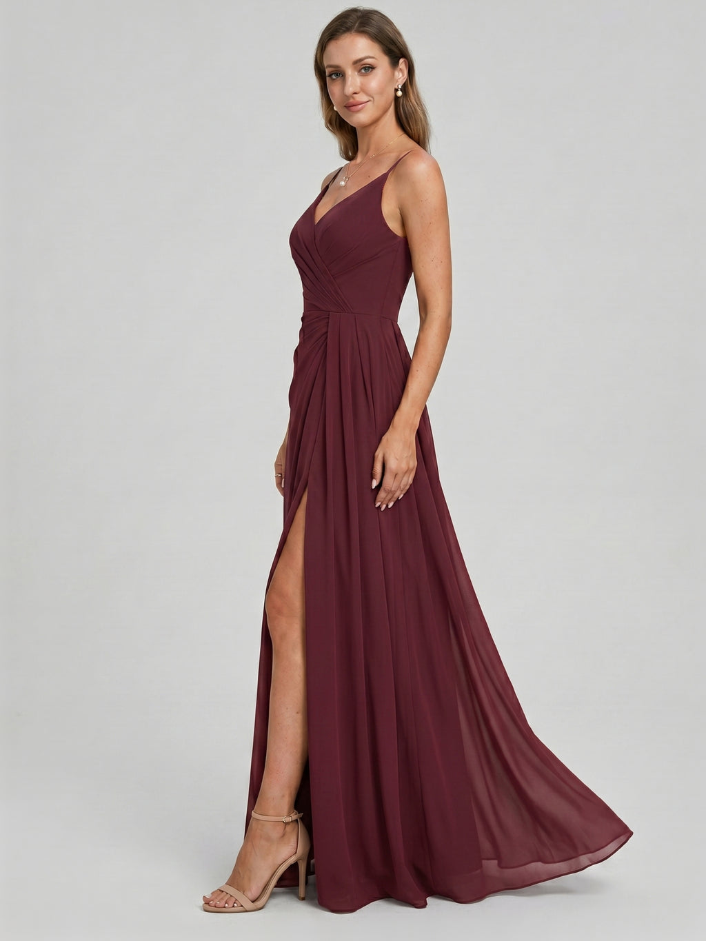 Elegant Cabernet Chiffon A-Line V-Neck Back Zip with Pleated Ankle-Length Bridesmaid Dress