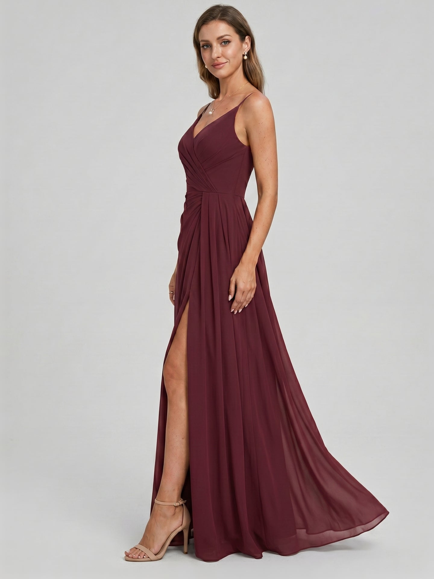 Elegant Cabernet Chiffon A-Line V-Neck Back Zip with Pleated Ankle-Length Bridesmaid Dress