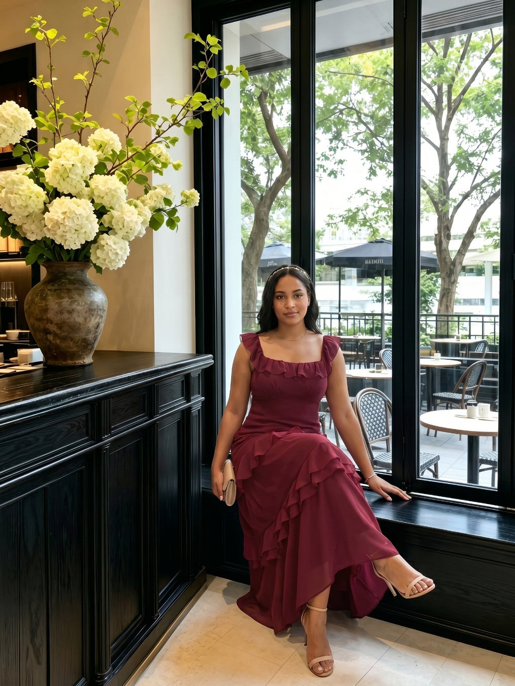 Elegant Cabernet Chiffon mermaid Square Neck Ankle-Length Bridesmaid Dress