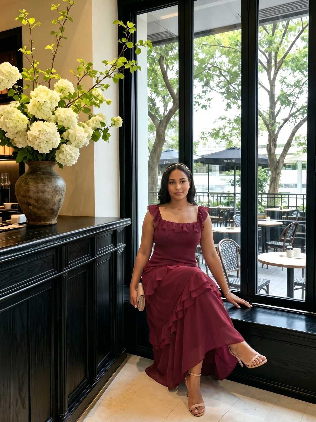Elegant Cabernet Chiffon mermaid Square Neck Ankle-Length Bridesmaid Dress