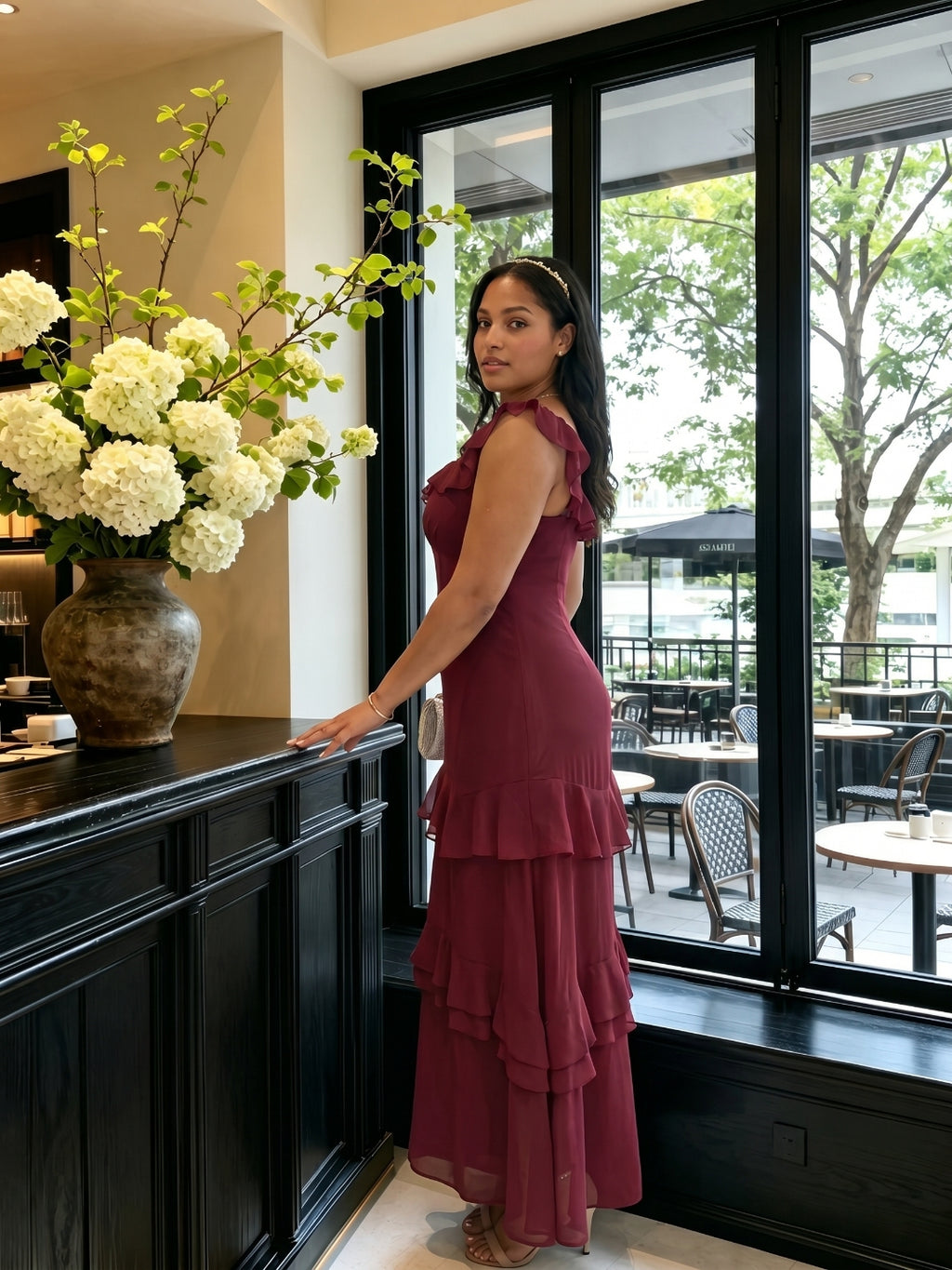 Elegant Cabernet Chiffon mermaid Square Neck Ankle-Length Bridesmaid Dress