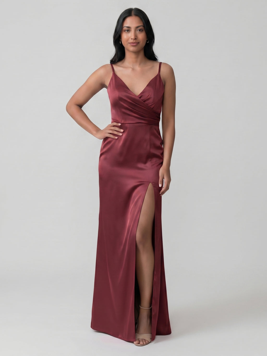 Elegant Cabernet Satin Sheath V-Neck Back Zip Ankle-Length Bridesmaid Dress