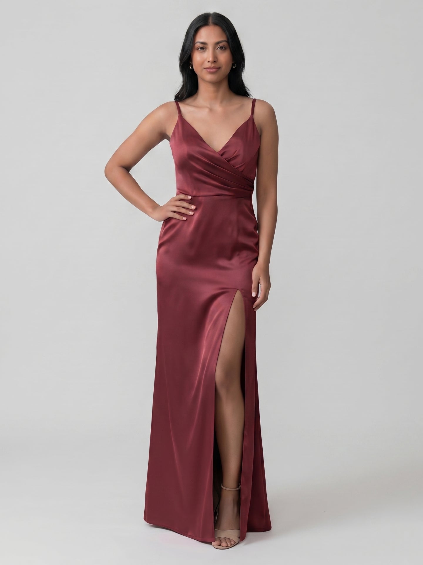 Elegant Cabernet Satin Sheath V-Neck Back Zip Ankle-Length Bridesmaid Dress