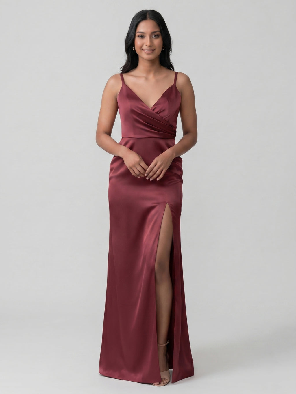 Elegant Cabernet Satin Sheath V-Neck Back Zip Ankle-Length Bridesmaid Dress