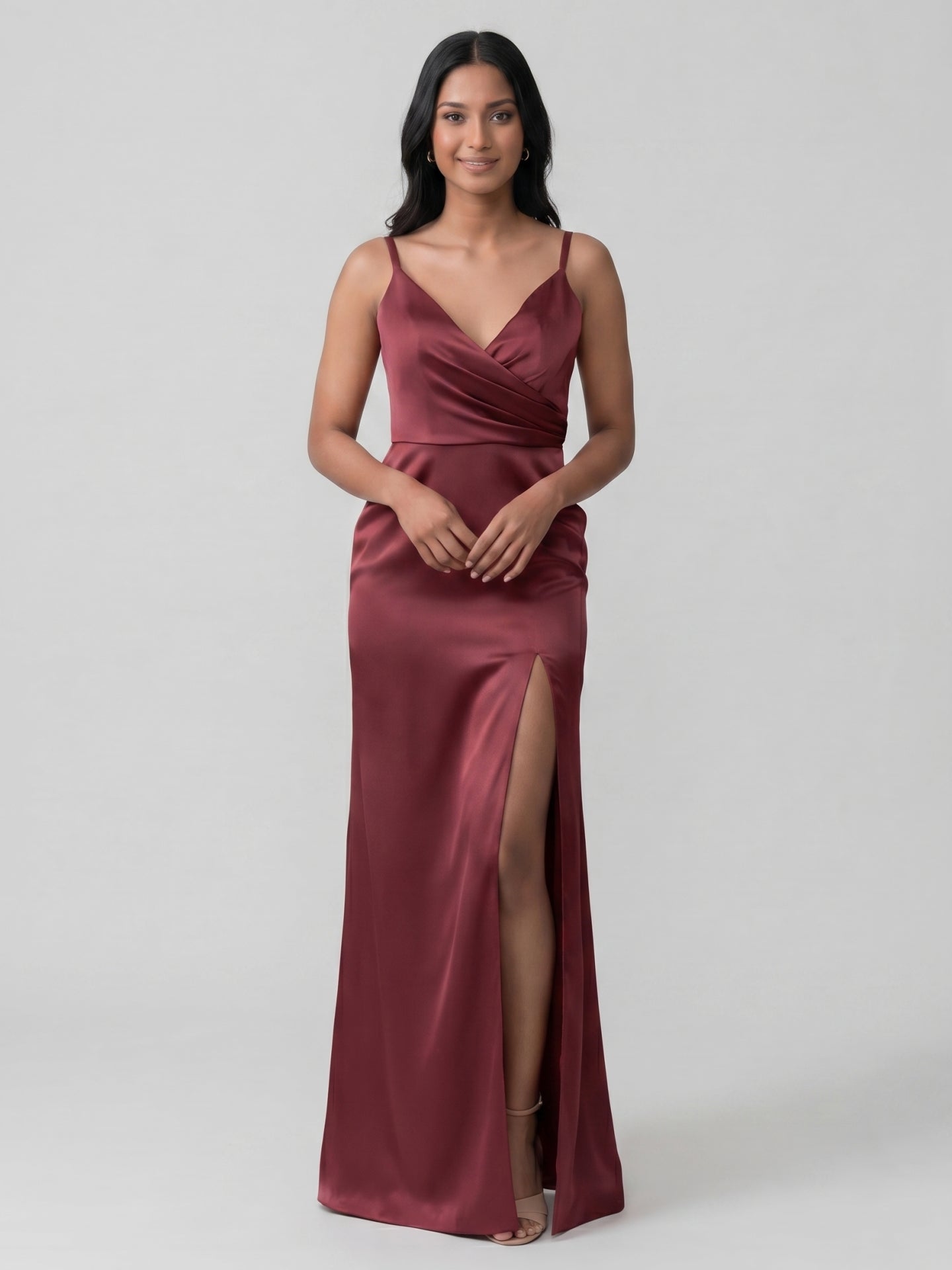 Elegant Cabernet Satin Sheath V-Neck Back Zip Ankle-Length Bridesmaid Dress