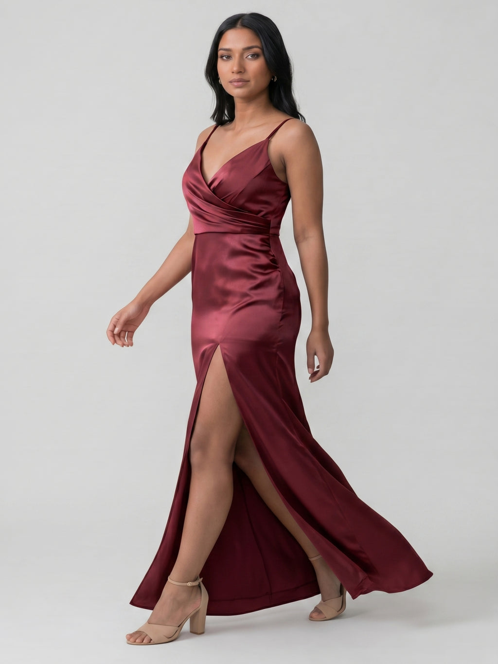 Elegant Cabernet Satin Sheath V-Neck Back Zip Ankle-Length Bridesmaid Dress