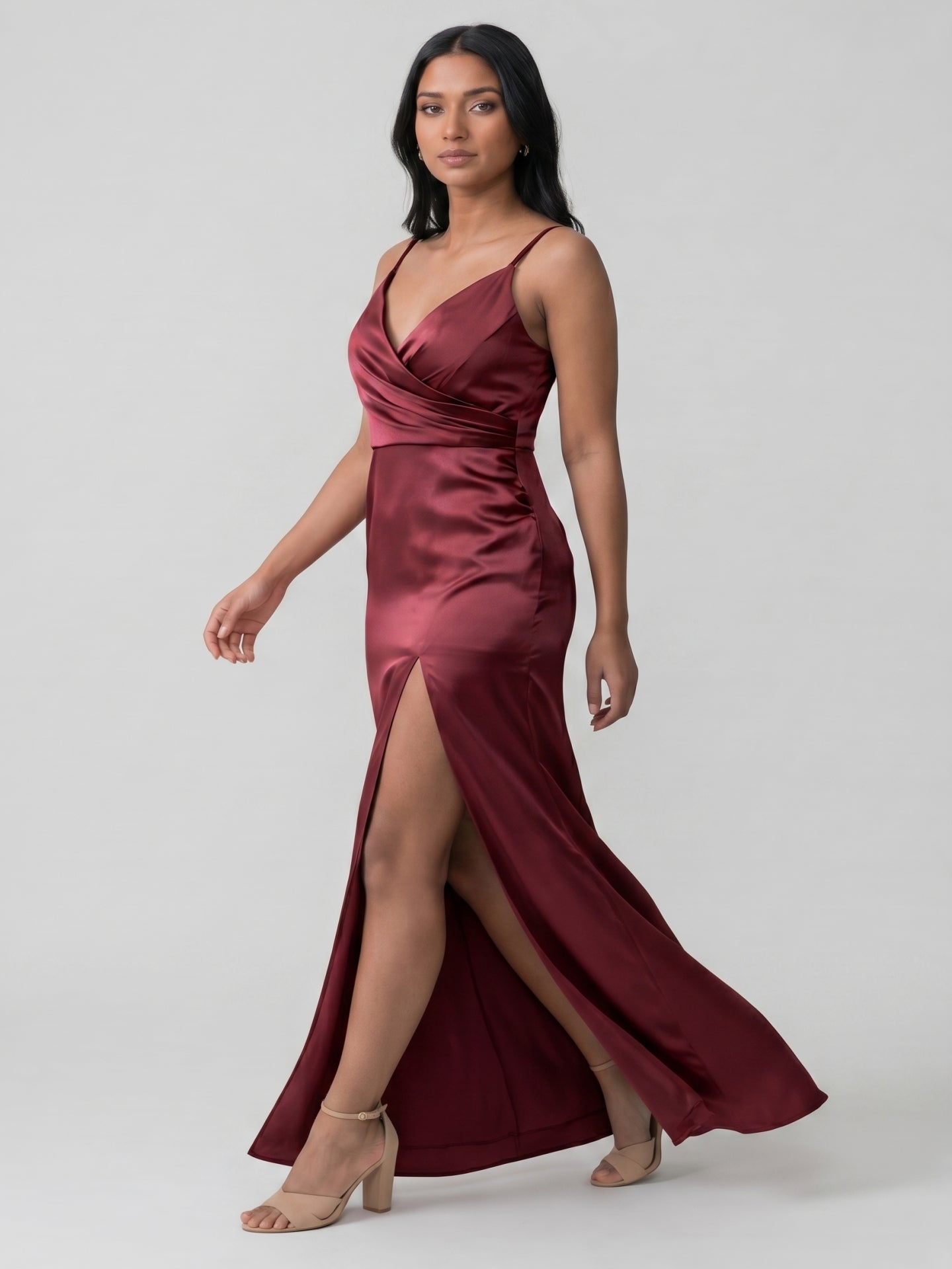 Elegant Cabernet Satin Sheath V-Neck Back Zip Ankle-Length Bridesmaid Dress