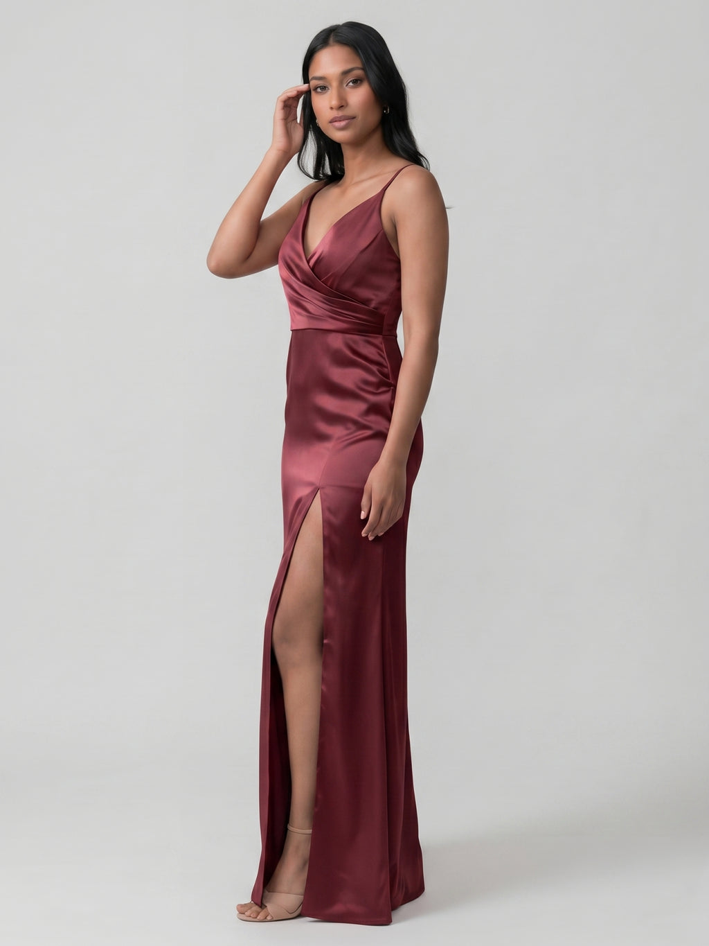 Elegant Cabernet Satin Sheath V-Neck Back Zip Ankle-Length Bridesmaid Dress