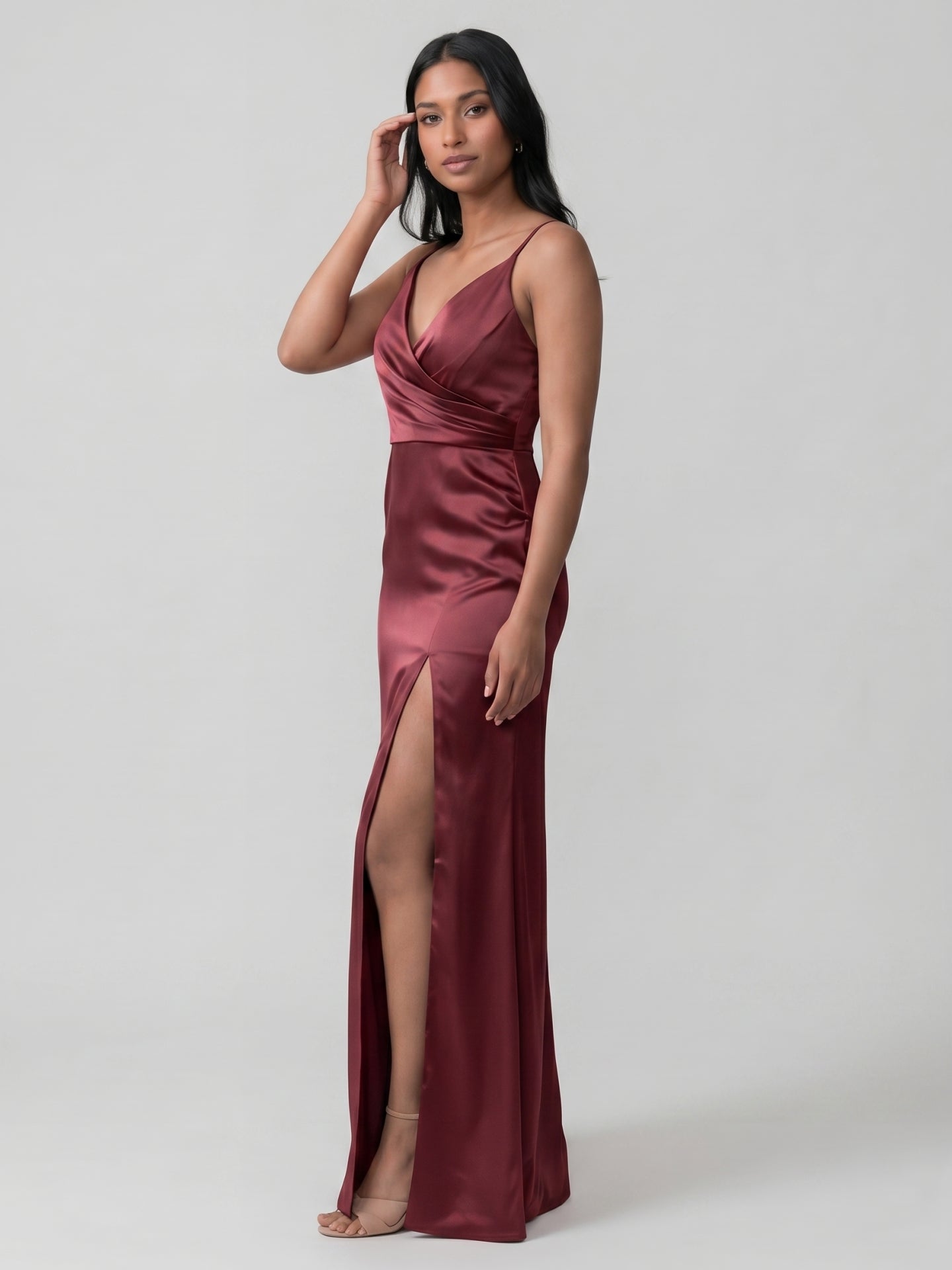 Elegant Cabernet Satin Sheath V-Neck Back Zip Ankle-Length Bridesmaid Dress