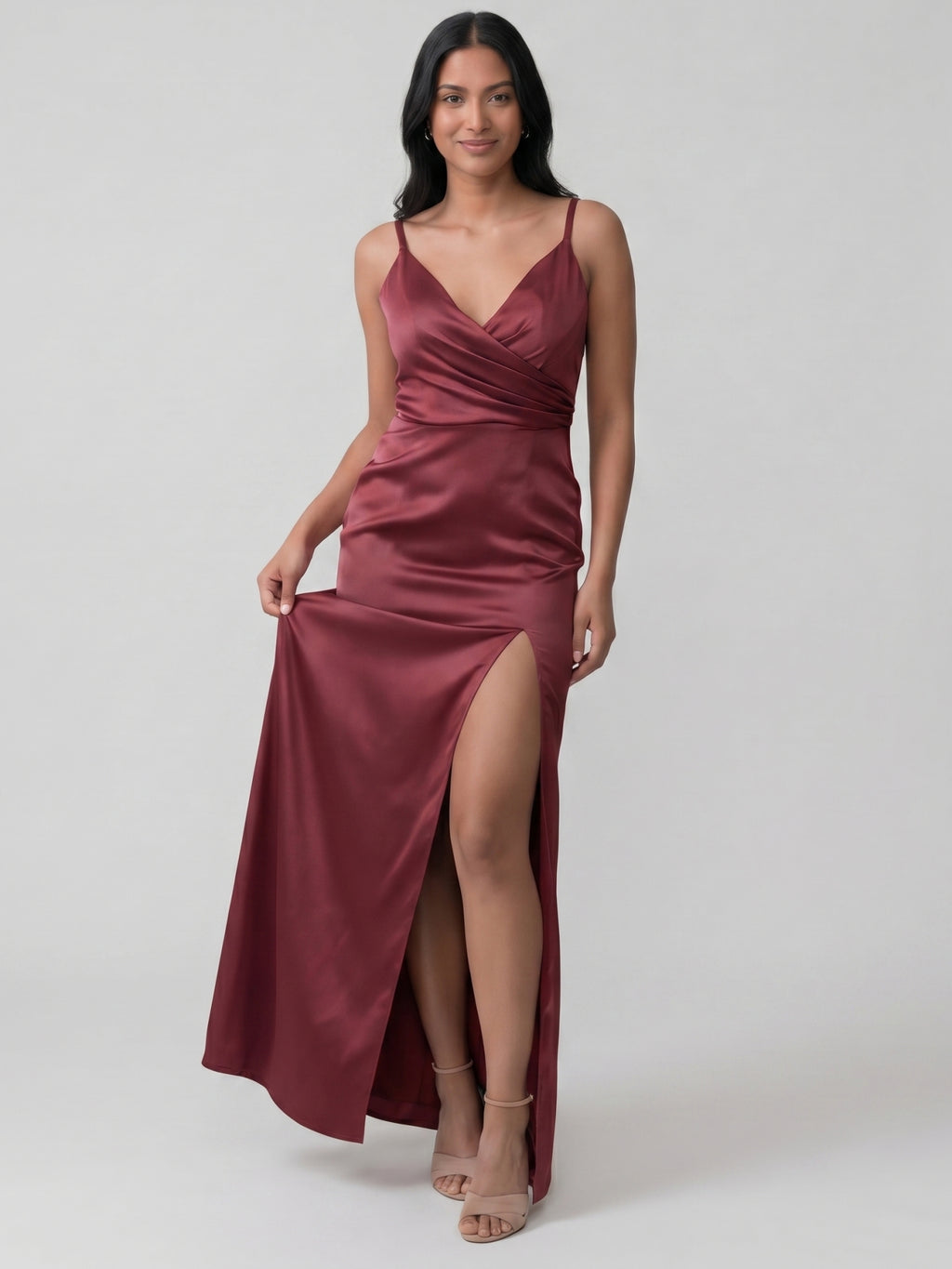 Elegant Cabernet Satin Sheath V-Neck Back Zip Ankle-Length Bridesmaid Dress