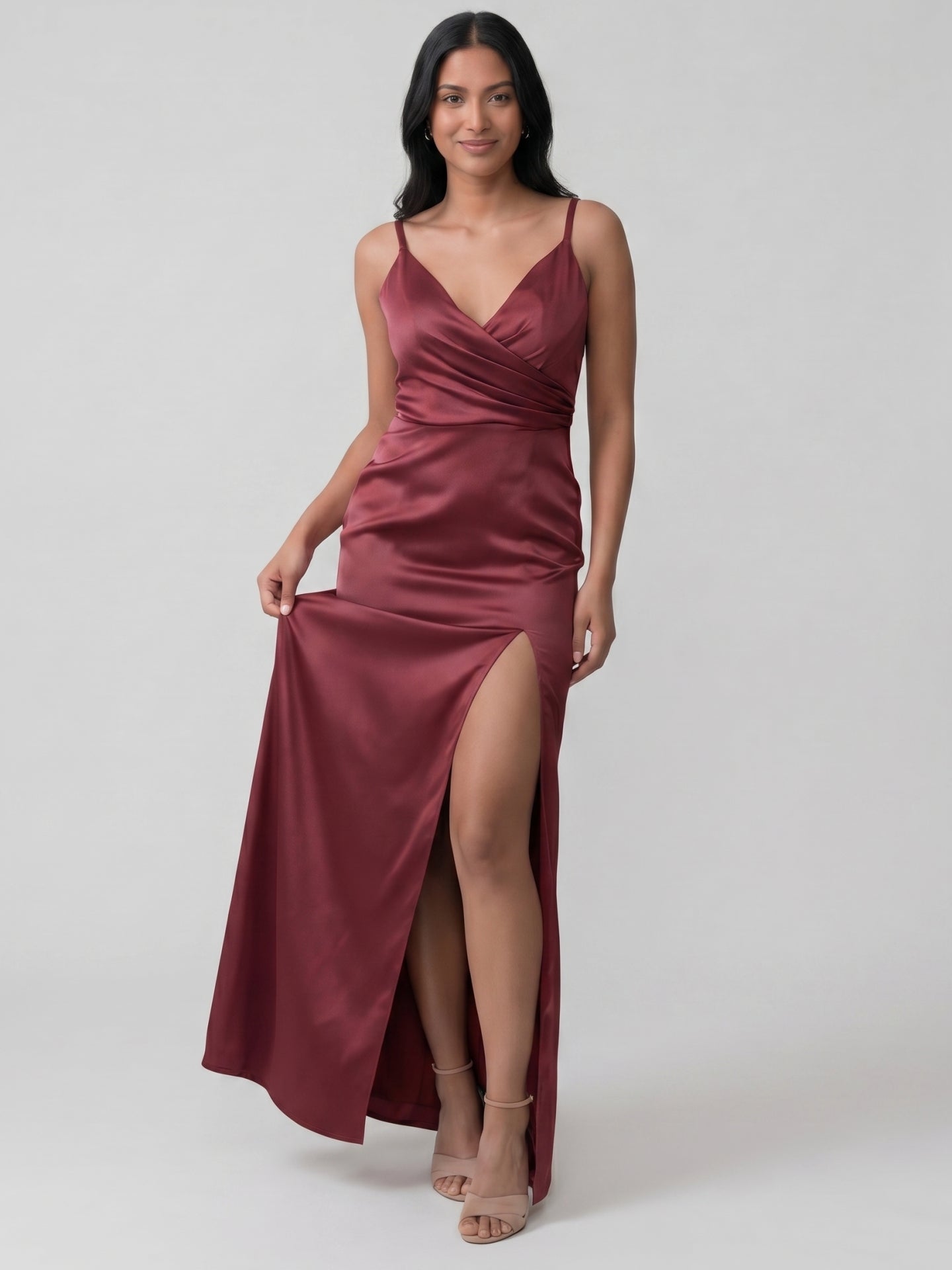 Elegant Cabernet Satin Sheath V-Neck Back Zip Ankle-Length Bridesmaid Dress