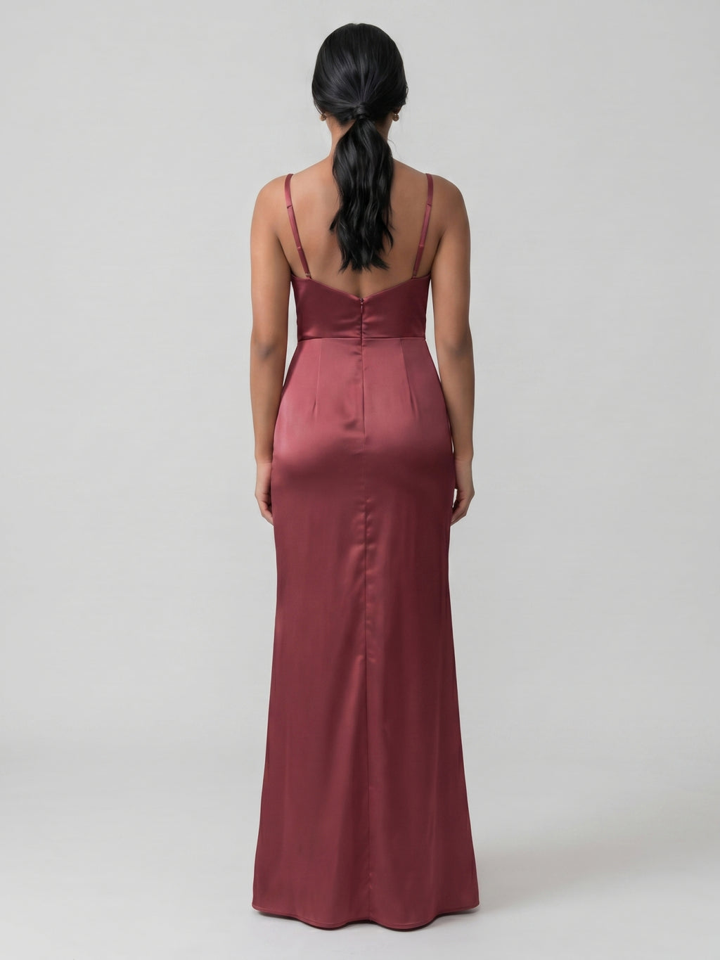 Elegant Cabernet Satin Sheath V-Neck Back Zip Ankle-Length Bridesmaid Dress
