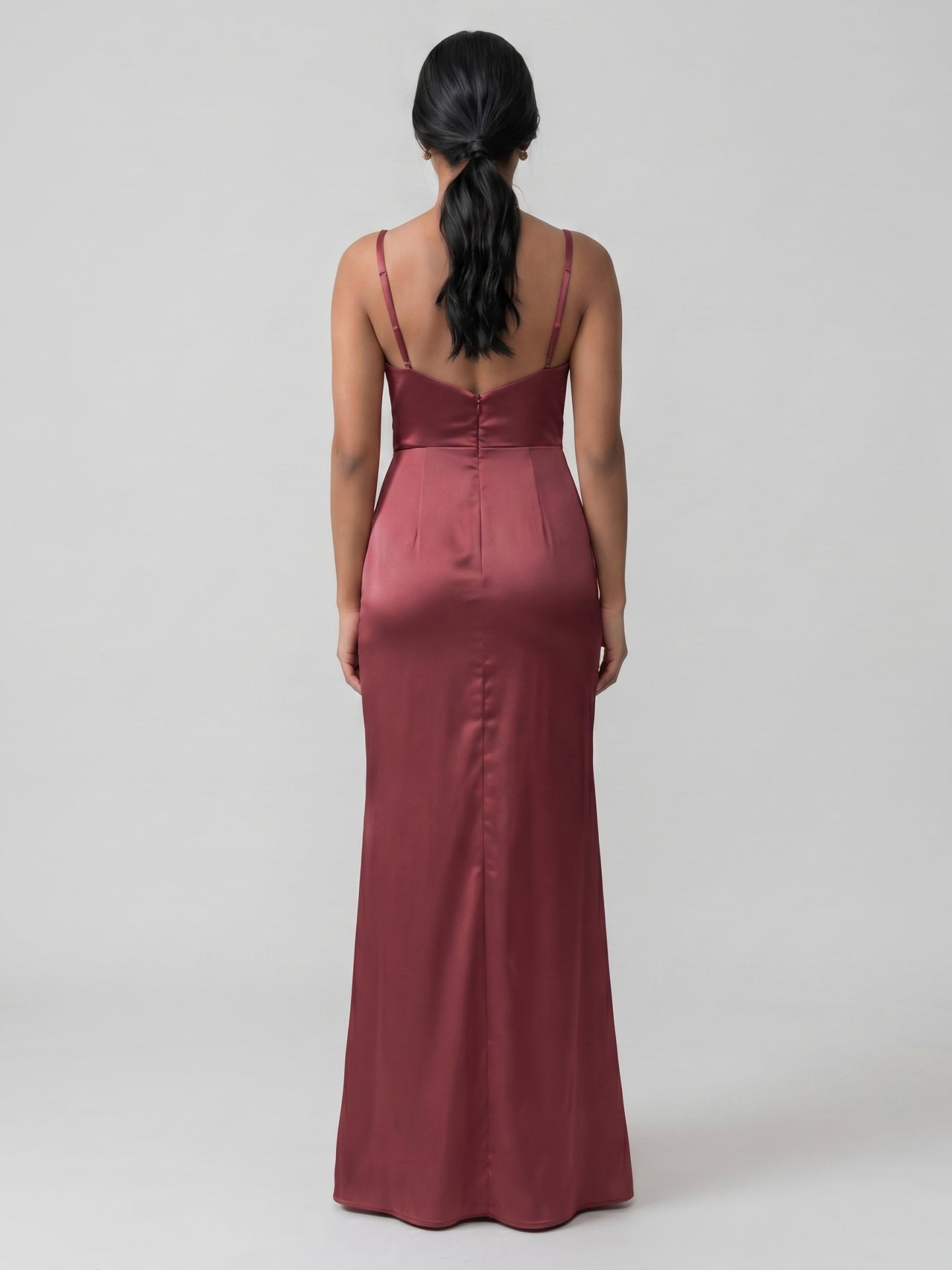 Elegant Cabernet Satin Sheath V-Neck Back Zip Ankle-Length Bridesmaid Dress