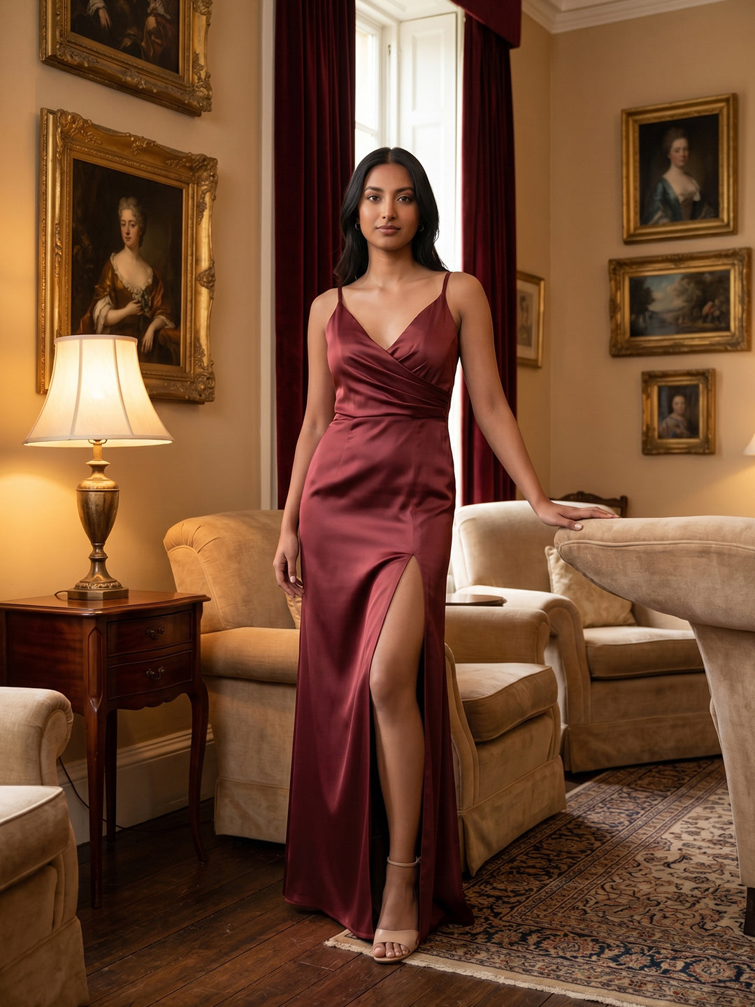 Elegant Cabernet Satin Sheath V-Neck Back Zip Ankle-Length Bridesmaid Dress