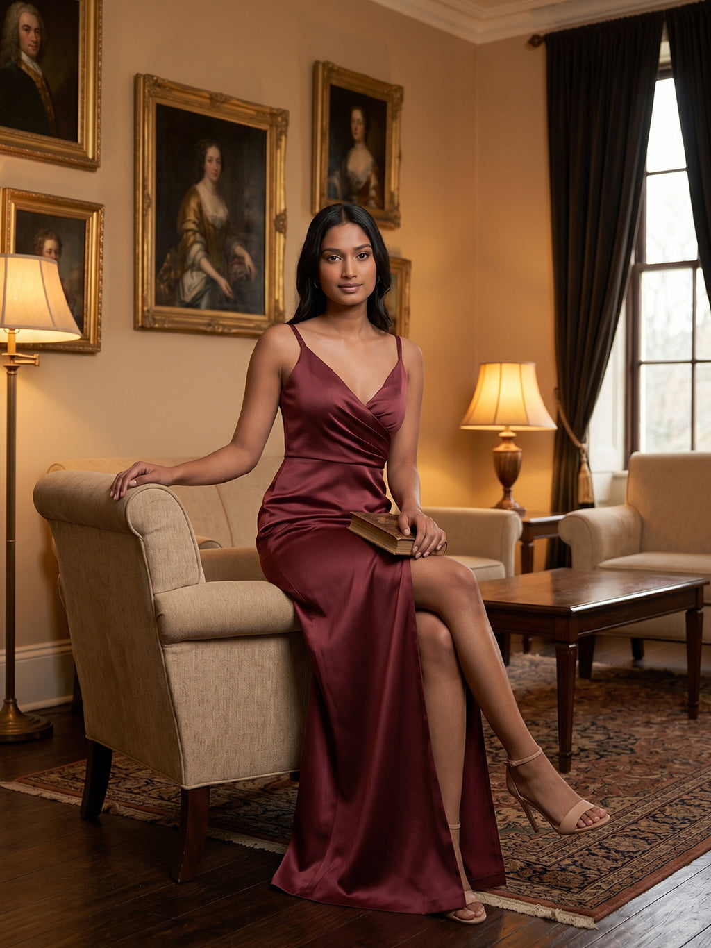 Elegant Cabernet Satin Sheath V-Neck Back Zip Ankle-Length Bridesmaid Dress