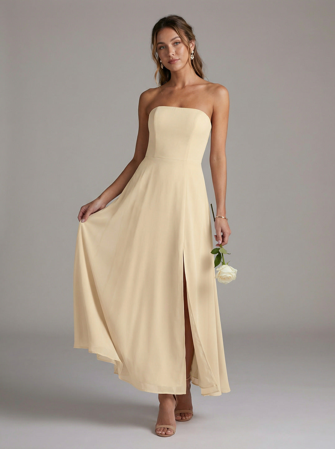 Elegant Champagne Chiffon A-Line Off-the-Shoulder Back Zip Ankle-Length Bridesmaid Dress