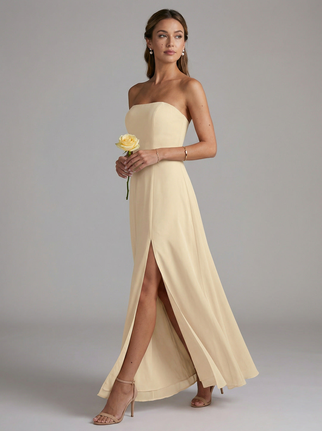 Elegant Champagne Chiffon A-Line Off-the-Shoulder Back Zip Ankle-Length Bridesmaid Dress