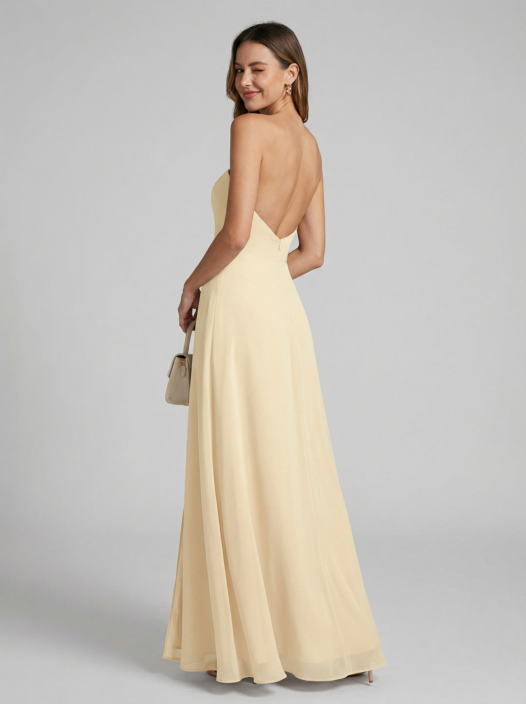 Elegant Champagne Chiffon A-Line Off-the-Shoulder Back Zip Ankle-Length Bridesmaid Dress