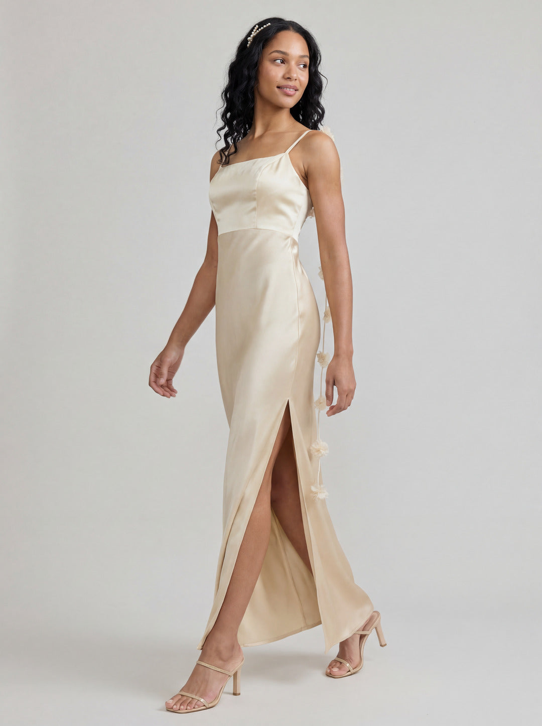 Elegant Champagne Satin Sheath square neck Backless Ankle-Length Bridesmaid Dress
