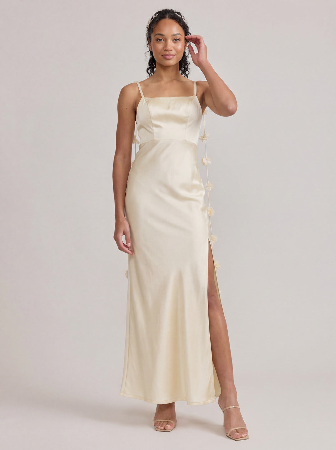 Elegant Champagne Satin Sheath square neck Backless Ankle-Length Bridesmaid Dress