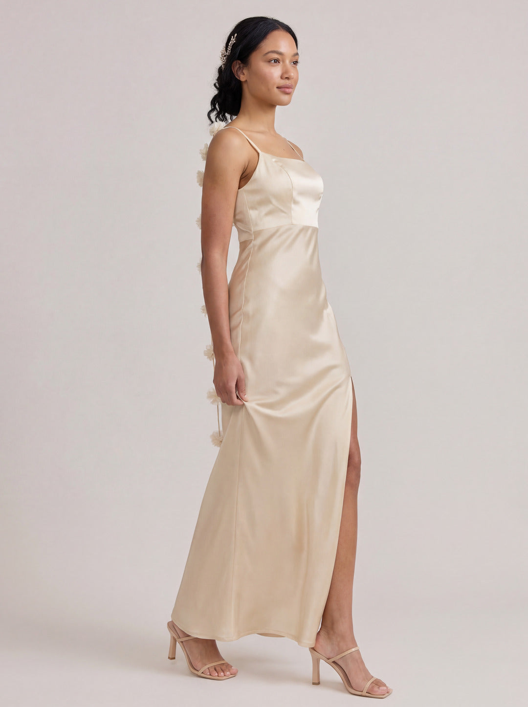 Elegant Champagne Satin Sheath square neck Backless Ankle-Length Bridesmaid Dress