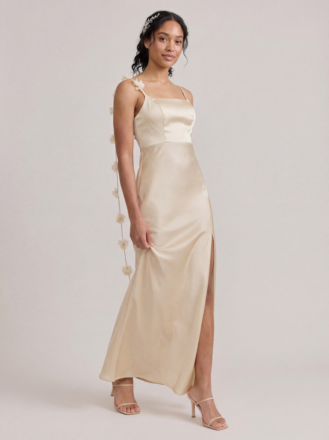 Elegant Champagne Satin Sheath square neck Backless Ankle-Length Bridesmaid Dress