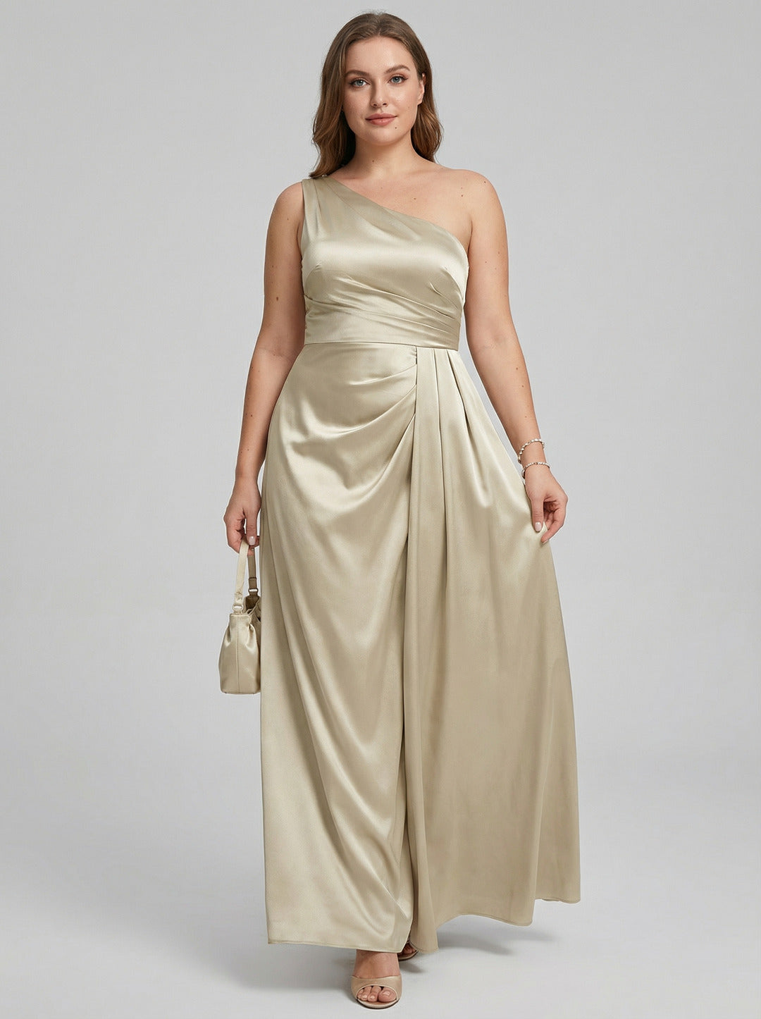 Elegant Champagne Satin A-Line One Shoulder Back Zip with nan Ankle-Length Plus Size Bridesmaid Dress
