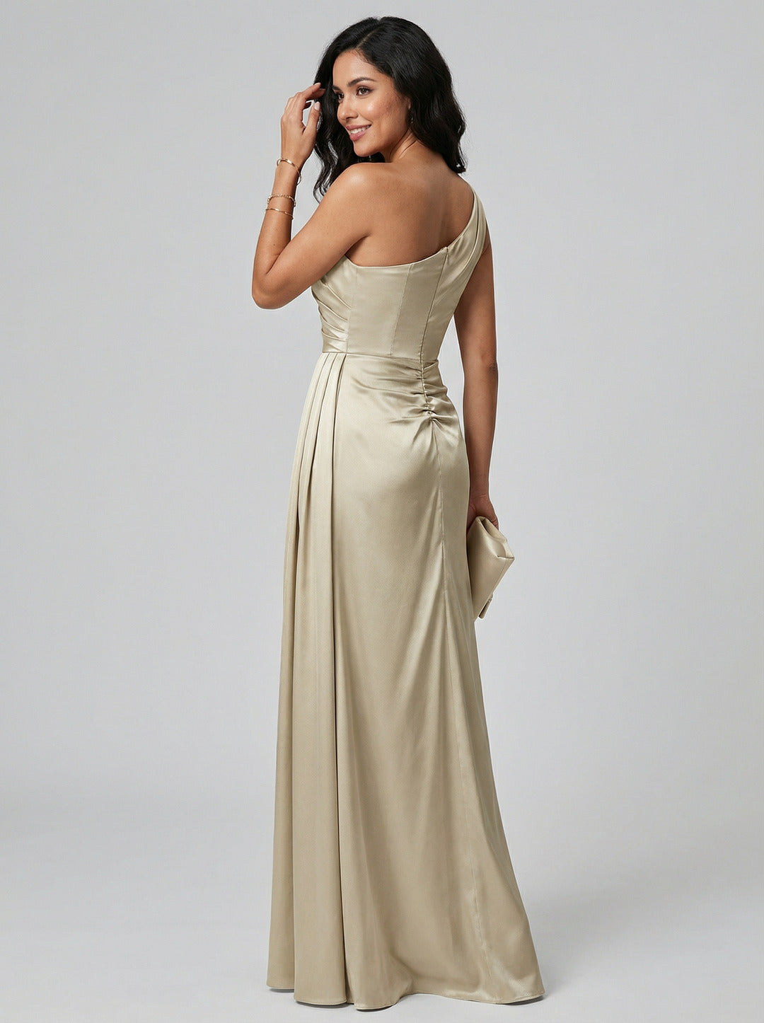 Elegant Champagne Satin A-Line One Shoulder Back Zip with nan Ankle-Length Plus Size Bridesmaid Dress