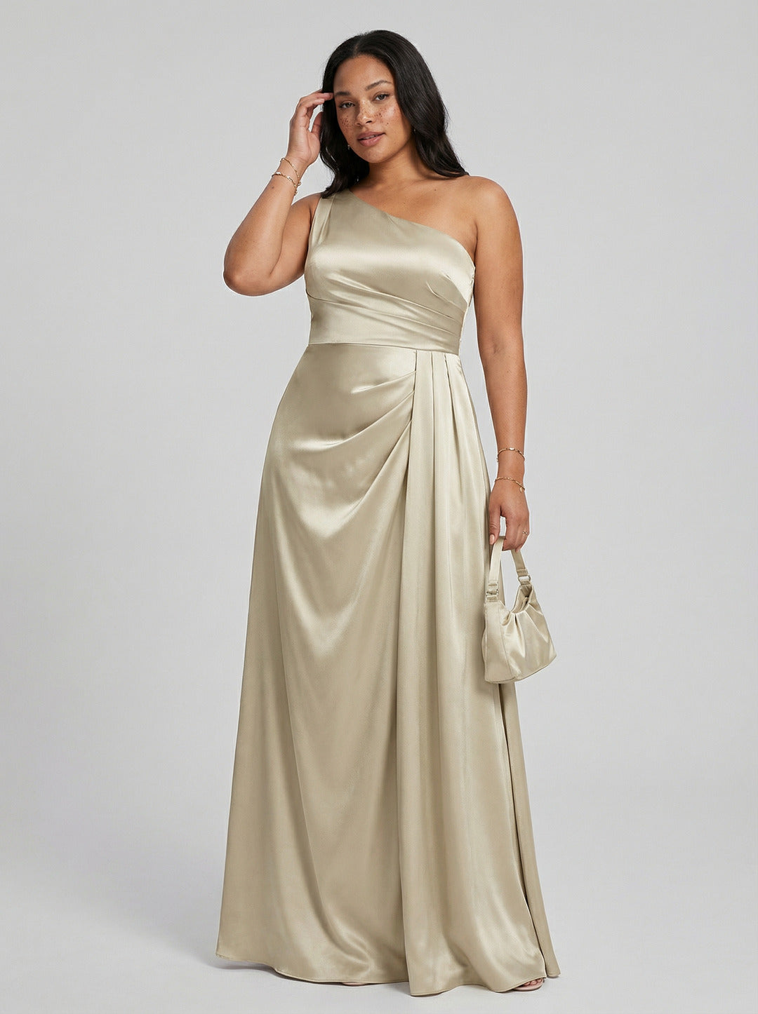 Elegant Champagne Satin A-Line One Shoulder Back Zip with nan Ankle-Length Plus Size Bridesmaid Dress