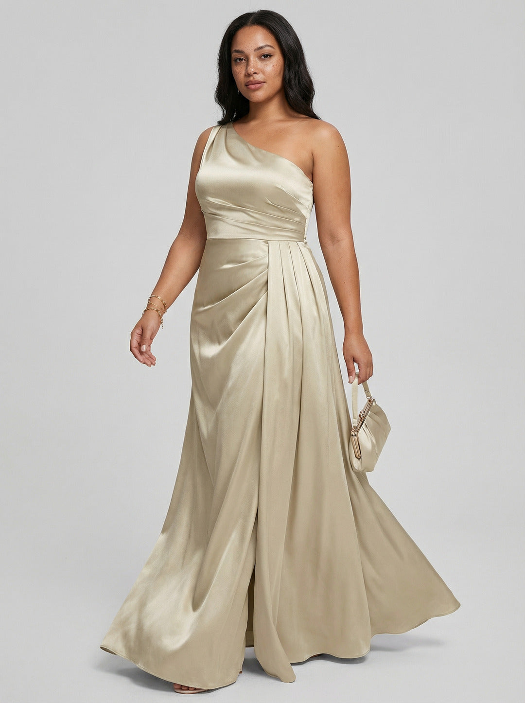 Elegant Champagne Satin A-Line One Shoulder Back Zip with nan Ankle-Length Plus Size Bridesmaid Dress