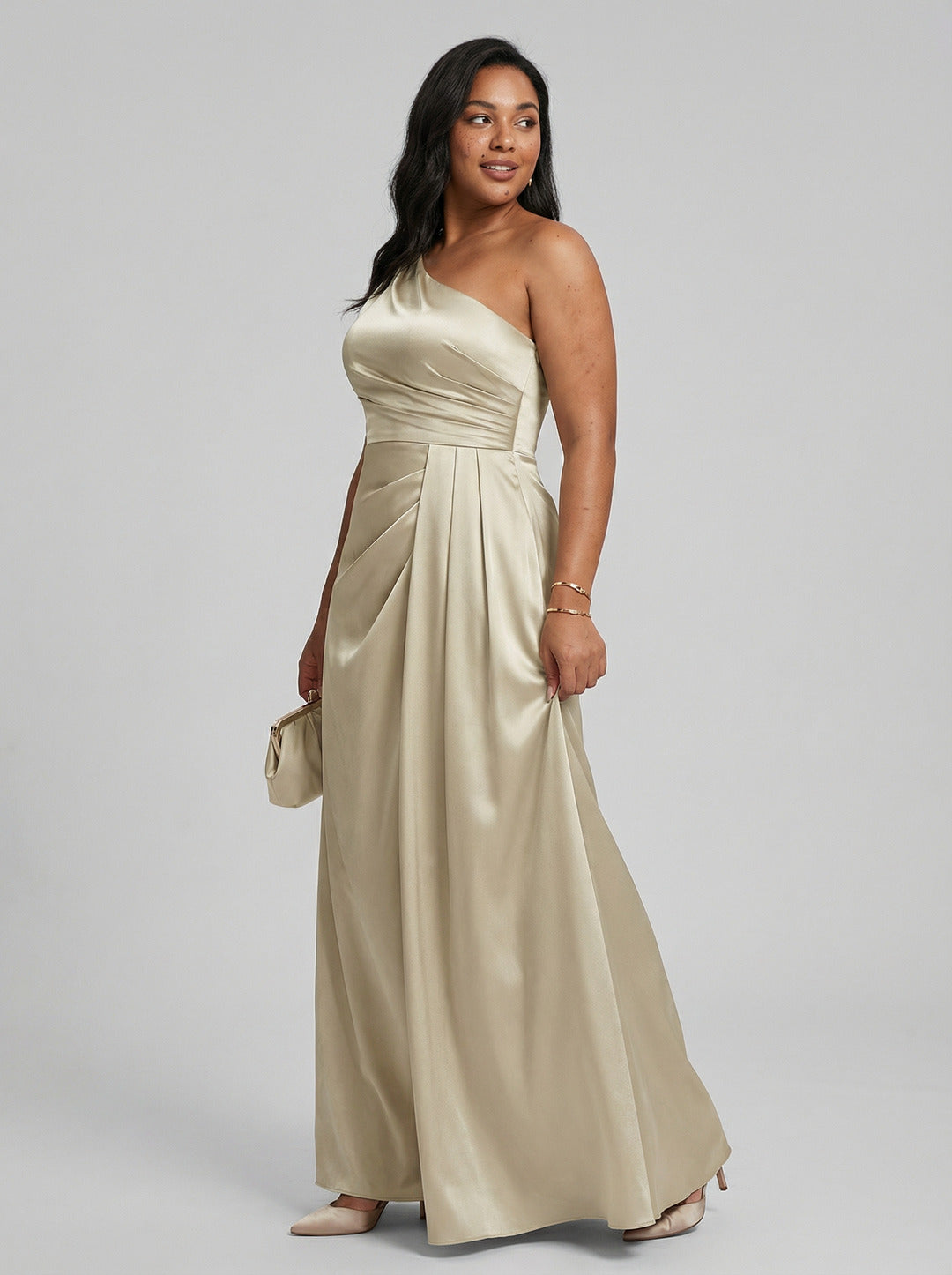 Elegant Champagne Satin A-Line One Shoulder Back Zip with nan Ankle-Length Plus Size Bridesmaid Dress