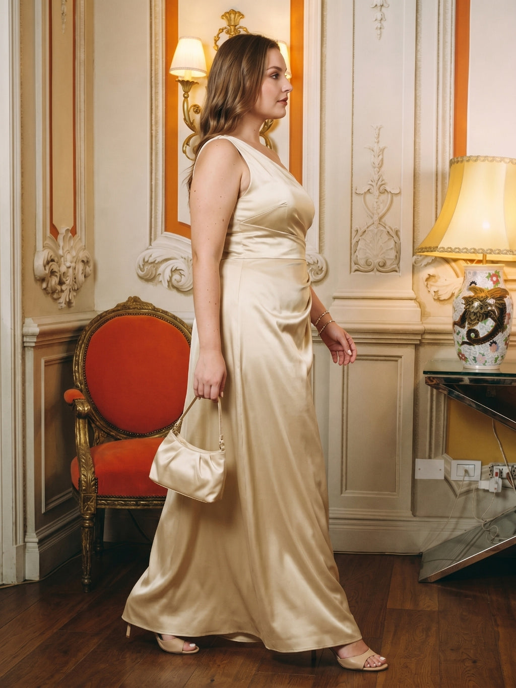 Elegant Champagne Satin A-Line One Shoulder Back Zip with nan Ankle-Length Plus Size Bridesmaid Dress