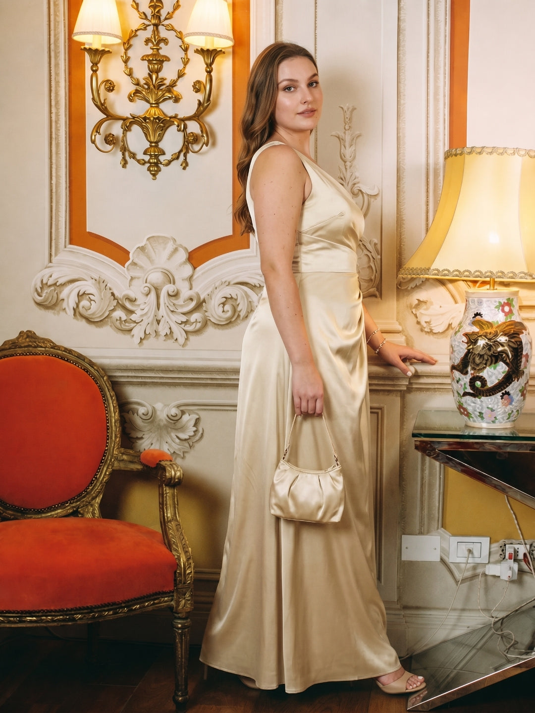 Elegant Champagne Satin A-Line One Shoulder Back Zip with nan Ankle-Length Plus Size Bridesmaid Dress