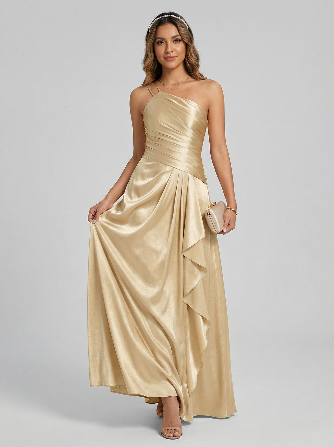 Elegant Champagne Satin A-Line Straight Neck Side Zip with Sash Detail Ankle-Length Bridesmaid Dress