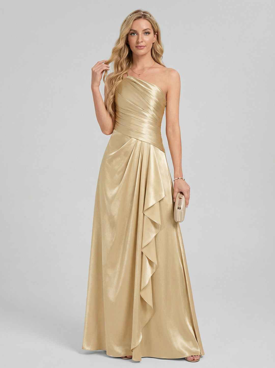 Elegant Champagne Satin A-Line Straight Neck Side Zip with Sash Detail Ankle-Length Bridesmaid Dress