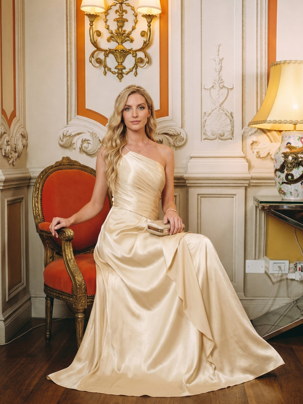 Elegant Champagne Satin A-Line Straight Neck Side Zip with Sash Detail Ankle-Length Bridesmaid Dress