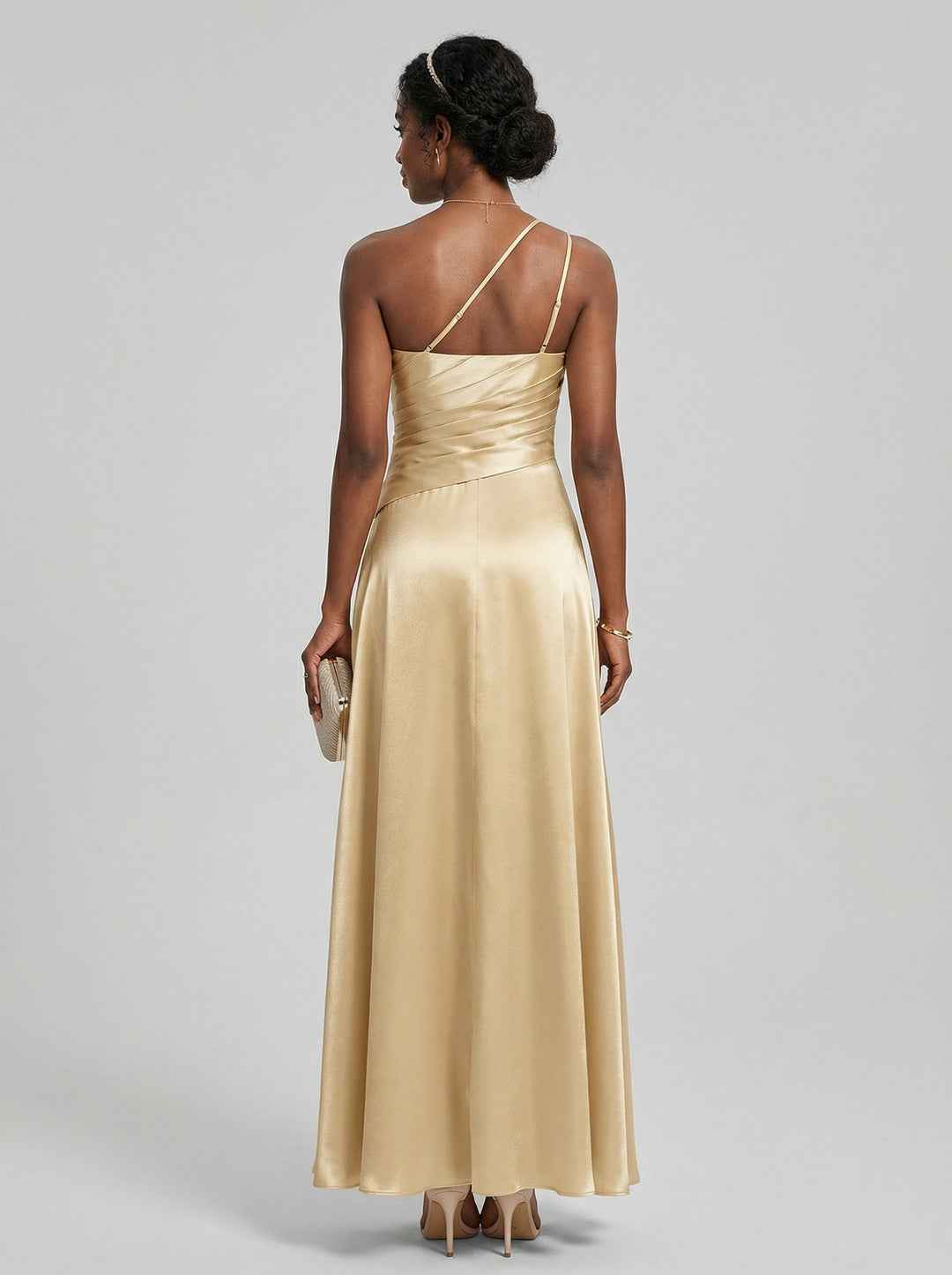 Elegant Champagne Satin A-Line Straight Neck Side Zip with Sash Detail Ankle-Length Bridesmaid Dress