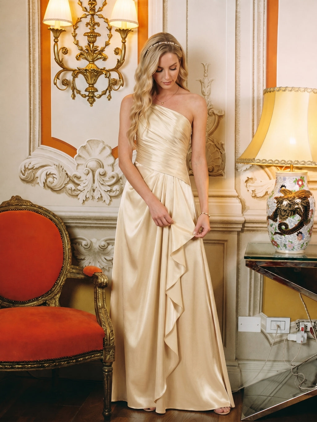 Elegant Champagne Satin A-Line Straight Neck Side Zip with Sash Detail Ankle-Length Bridesmaid Dress