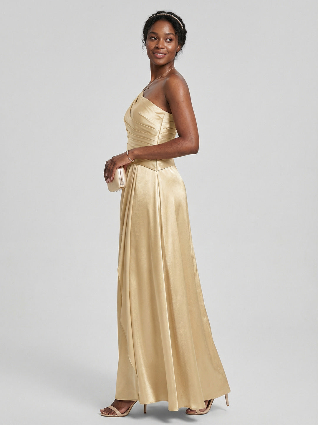 Elegant Champagne Satin A-Line Straight Neck Side Zip with Sash Detail Ankle-Length Bridesmaid Dress