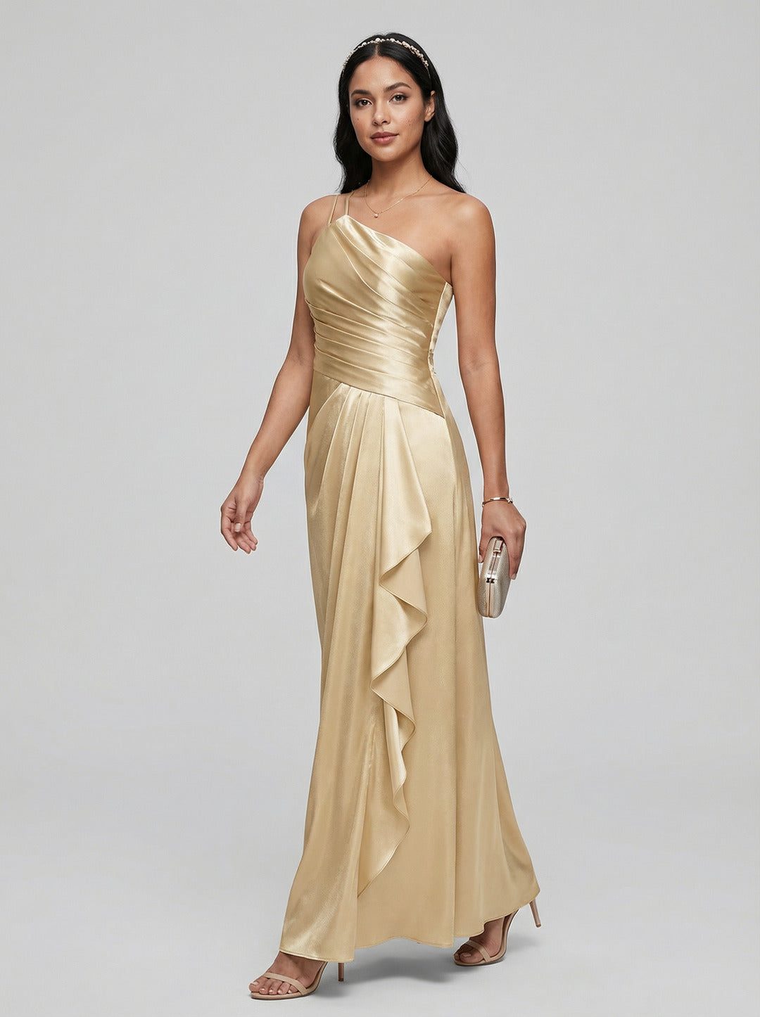 Elegant Champagne Satin A-Line Straight Neck Side Zip with Sash Detail Ankle-Length Bridesmaid Dress
