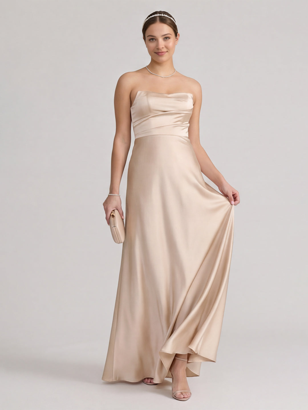 Elegant Champagne Satin A-Line Strapless Backless PleatedDetail Ankle-Length Bridesmaid Dress