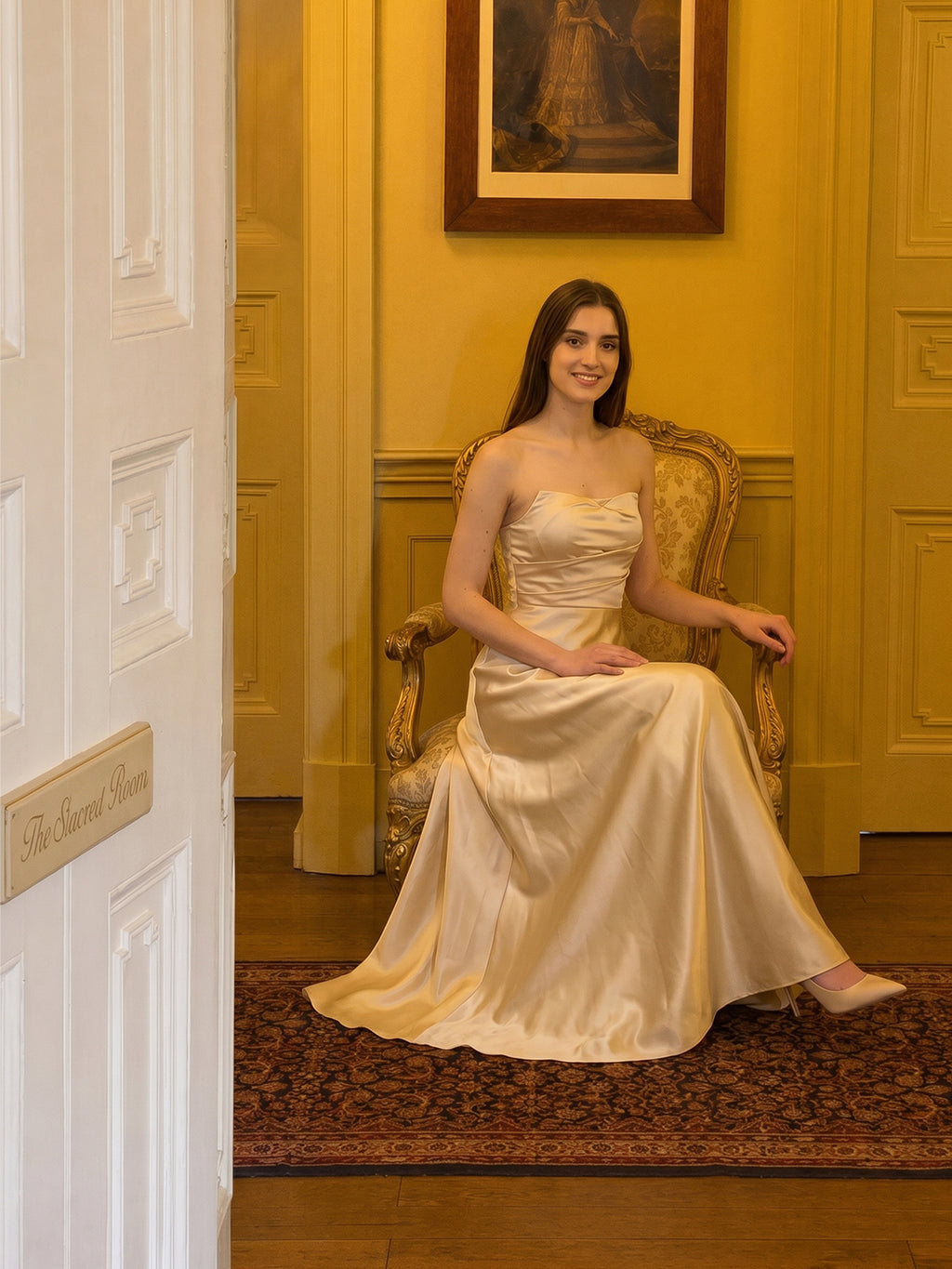 Elegant Champagne Satin A-Line Strapless Backless PleatedDetail Ankle-Length Bridesmaid Dress