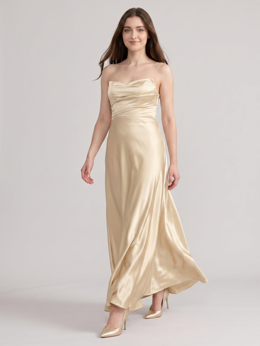 Elegant Champagne Satin A-Line Strapless Backless PleatedDetail Ankle-Length Bridesmaid Dress