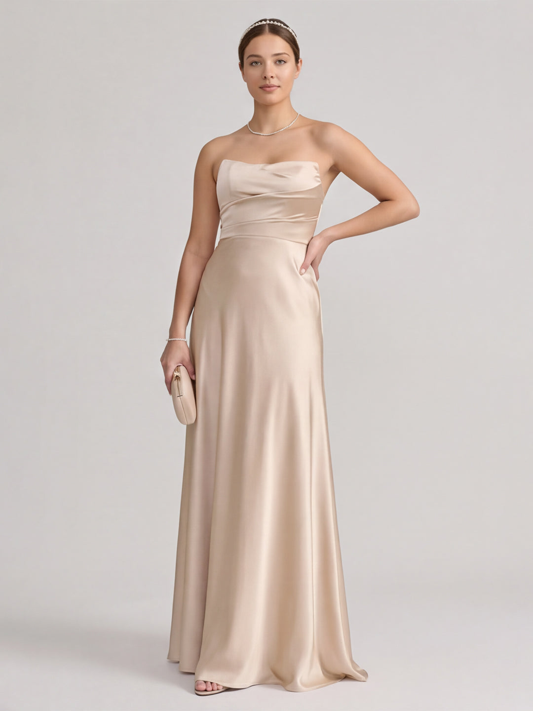 Elegant Champagne Satin A-Line Strapless Backless PleatedDetail Ankle-Length Bridesmaid Dress