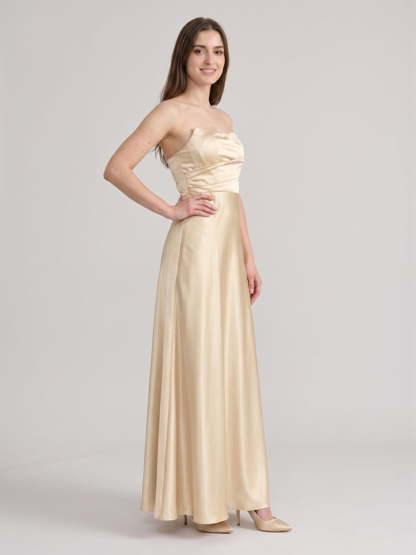 Elegant Champagne Satin A-Line Strapless Backless PleatedDetail Ankle-Length Bridesmaid Dress