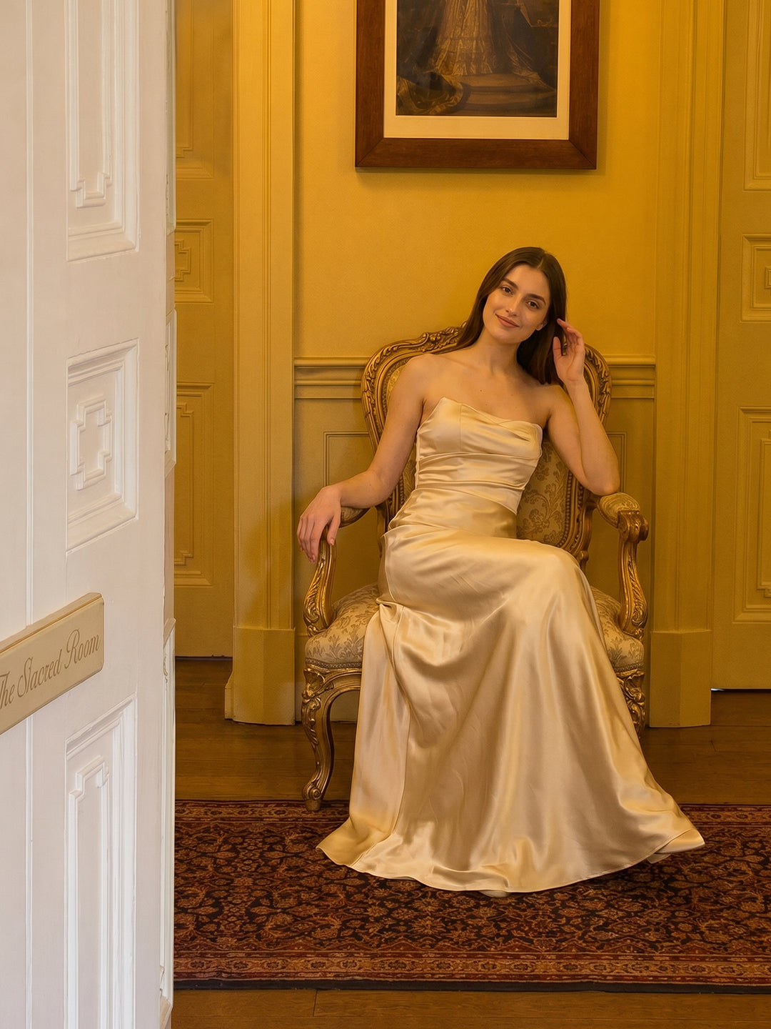 Elegant Champagne Satin A-Line Strapless Backless PleatedDetail Ankle-Length Bridesmaid Dress