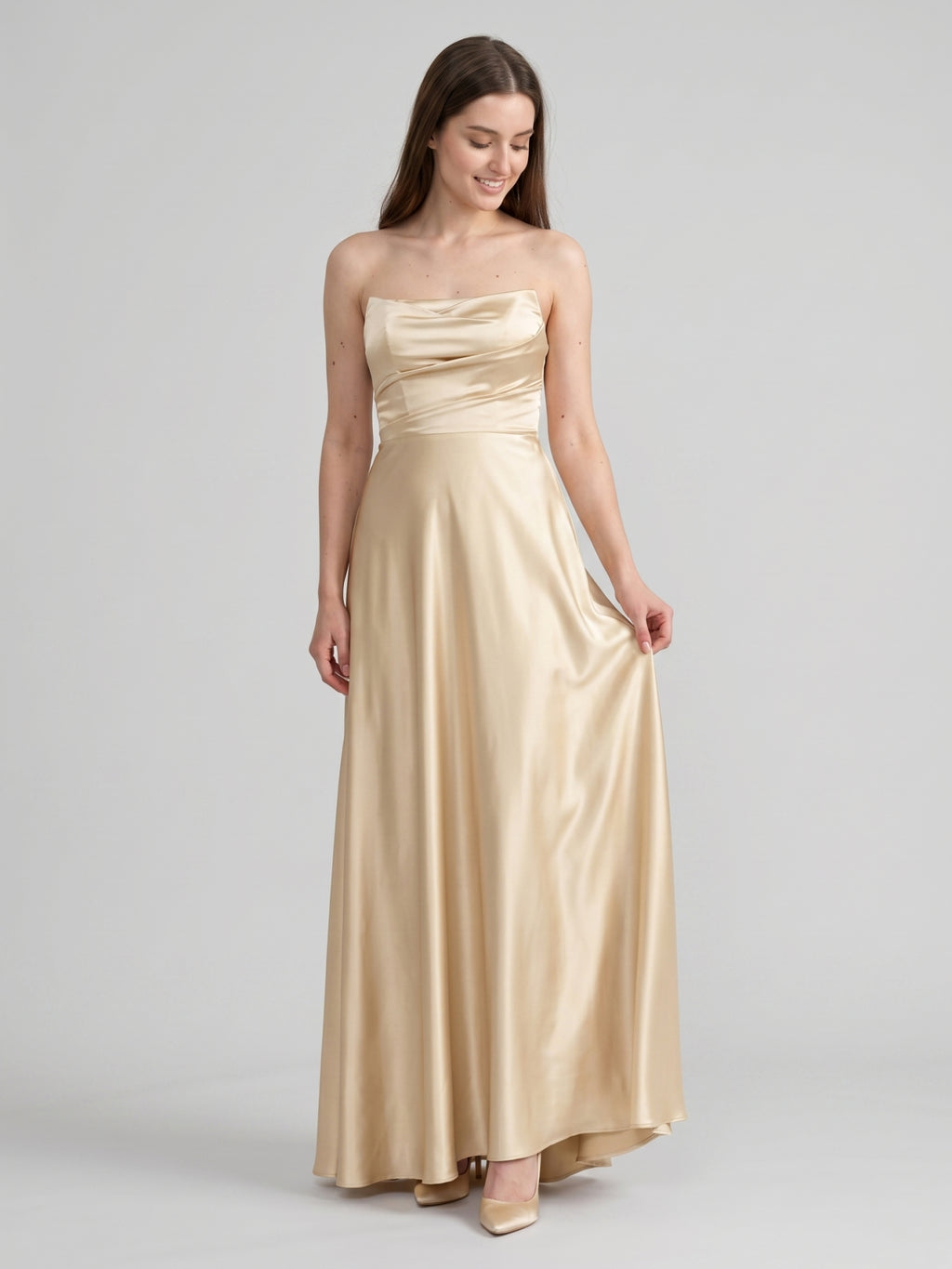 Elegant Champagne Satin A-Line Strapless Backless PleatedDetail Ankle-Length Bridesmaid Dress